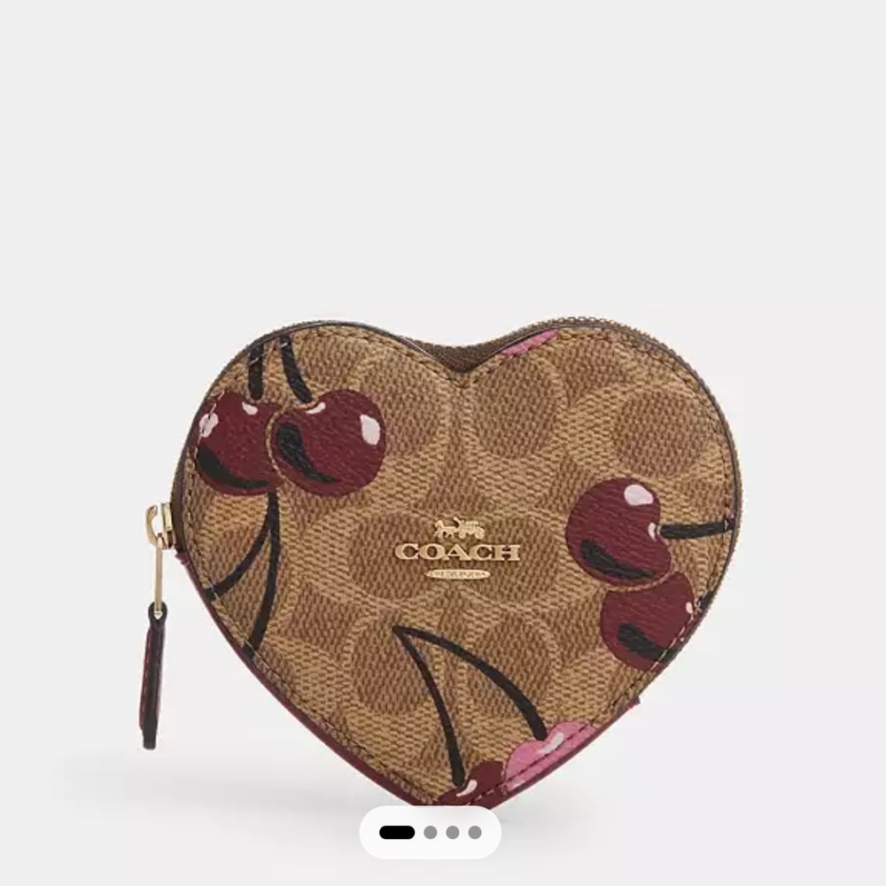 NWT COACH Heart Coin Case In Signature Canvas With Cherry Print